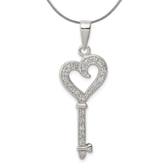 Sterling Silver and Cubic Zirconia Fancy Heart Key Necklace - 20 Inch